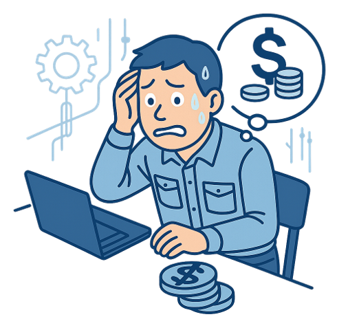 ハードPLCの導入コストに悩む担当者のイラスト