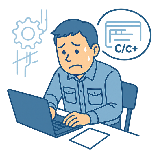 既存のC/C++資産を活用できず悩むエンジニアのイラスト